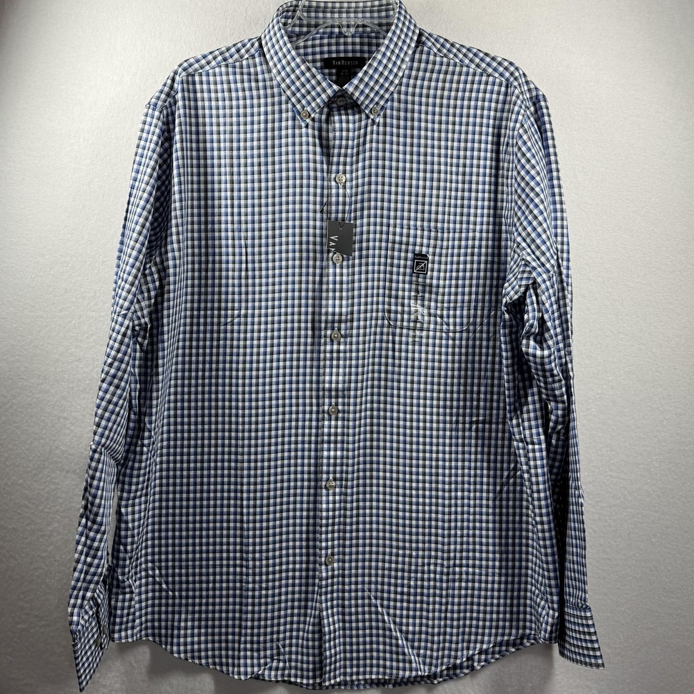 Van Heusen Shirt Mens Large Blue Check‎ Long Sleeve Non Iron Casual Button Front